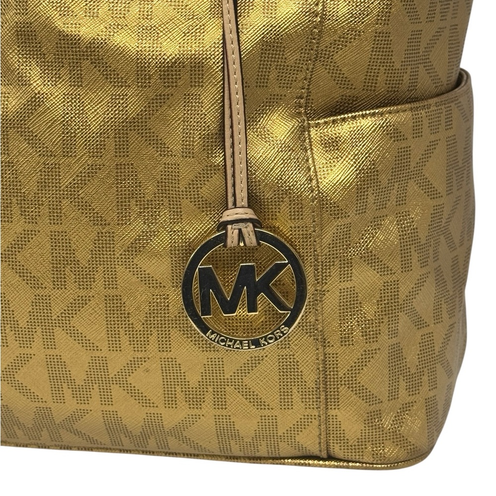 Michael Kors Jet Set East West Signature Gold Metallic Tote Purse Shoulder Bag - Picture 9 of 16